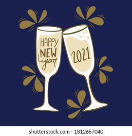 2021 HAPPY NEW YEAR script text hand lettering. Design template Celebration