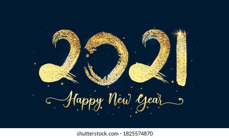 2021 Happy new year script text hand lettering. 2021 Happy new year greeting poster, card or banner.  2021 New Year Shining background with golden glitter.
