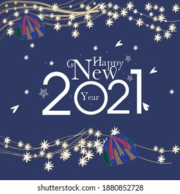 2021 HAPPY NEW YEAR script text hand lettering. Design template Celebration typography poster, banner or greeting card for Merry Christmas and happy new year. Modern, luxury, star Vector Illustration