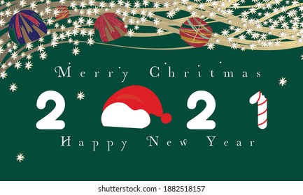 2021 HAPPY NEW YEAR script text hand lettering. Design template Celebration typography poster, banner or greeting card for Merry Christmas and happy new year. Modern, luxury, star Vector Illustration