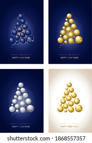 2021. Happy new year. Set of abstract Christmas tree made of Christmas balls with improvised garlands. Fashionable color combinations Blue, Gold, White. Vector illustration.