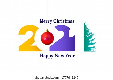 2021 Happy New Year sign. Happy New Year symbol with christmas tree. 2021 greeting card artwork, brochure template. Vector illustration with colored holiday labels isolated on white background.