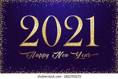 2021 A Happy New Year sign, congrats concept. Golden logotype. Beautiful snowy backdrop. Abstract isolated graphic design template. Decorative numbers. Gold metal digits. Creative Christmas decoration