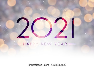 2021 happy new year sign on misted glass. Sparkling multicolored lights confetti. Vector holiday illustration.