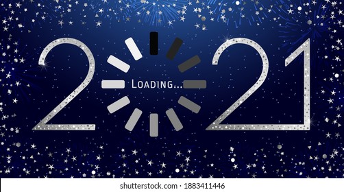 2021 A Happy New Year sign, congrats concept. Shiny numbers. Glittering frame. Abstract isolated graphic design template. Decorative loading spinning icon. Digital clock. Creative Christmas decoration