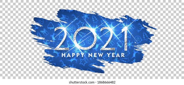 2021 Happy new year. Silver Design of greeting card. Happy New Year Banner with 2021 Numbers on brush with Christmas ornaments Pattern design transparent Background. Vector illustration