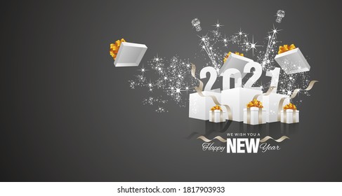 2021 Happy New Year sparkle firework gold ribbon gift box black landscape greeting card