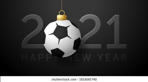 2021 Happy New Year. Sports greeting card with a football or soccer ball on the luxury black background. Vector illustration.