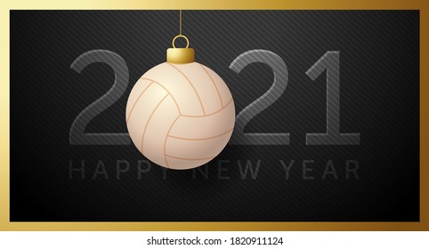 2021 Happy New Year. Sports greeting card with a volleball ball on the luxury black background. Vector illustration.