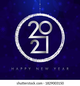 2021 A Happy New Year symbol concept. Round logotype. Abstract isolated graphic design template. Silver coloured numbers. Christmas creative decoration. White snowy ball and shiny glittering digits.