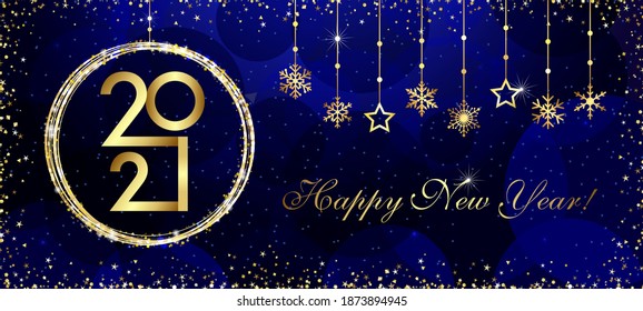 2021 A Happy New Year symbol concept. Round logotype, horizontal background. Abstract isolated graphic design template. Christmas creative decoration. Golden snowy ball, shiny glittering digits, snow.