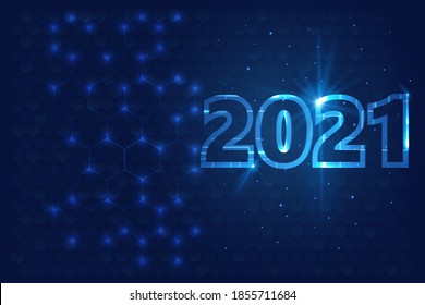 2021 happy new year in technology digital style, blue glow concept