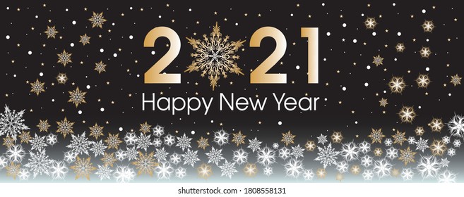 2021 Happy New Year template with gold and white snowflakes and stars on black background.