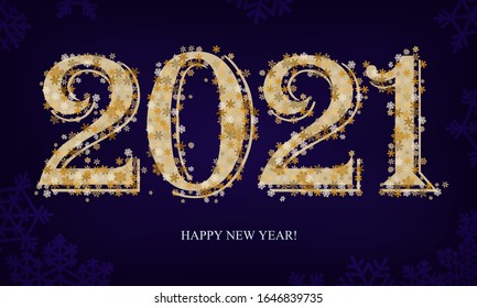 2021 Happy New Year text shiny golden sparkling confetti on dark blue background. Usefull for greeting card, calendar, invitation. Gold festive style vector illustration