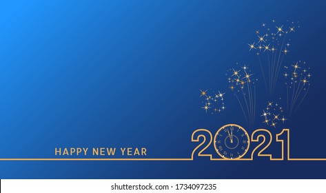 2021 Happy New Year Text Design mit goldenen Zahlen und Vintage Uhr auf blauem Hintergrund mit Feuerwerk. Holiday Banner, Poster, Grußkarte oder Einladungsvorlage. Ende des Jahres Countdown. 