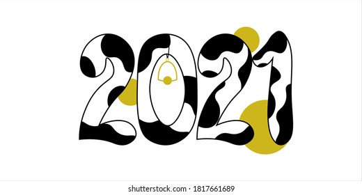 2021 Happy New Year text children design.   Spotted numbers like black and white cow pattern. Symbol winter holiday in kids flat style. 