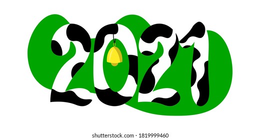 2021 Happy New Year text children design.   Spotted numbers like black and white cow pattern. Symbol winter holiday in kids flat style. 