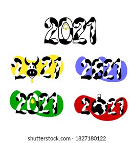 2021 Happy New Year text children design.   Spotted numbers like black and white cow pattern. Symbol winter holiday in kids flat style. 