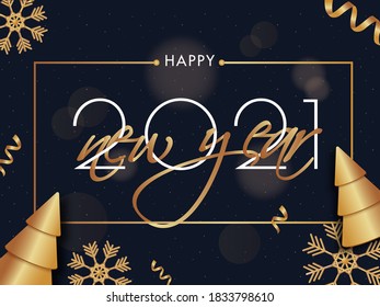 2021 Happy New Year Text with Golden Xmas Trees, Snowflakes and Ribbon on Grey-Blue Background.