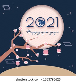 2021 Happy New Year Text with Chinese Zodiac Ox Sign and Flower Branch Decorated by Lanterns on Full Moon Blue Background.