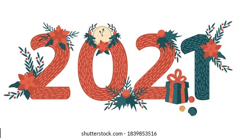 2021 Happy New Year text hand lettering. Template poster, banner or greeting card. Cozy warm vector cartoon illustration.