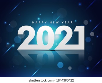 2021 Happy New Year Text With Lights Effect On Blue Background.