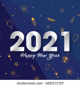 2021 Happy New Year Text With Party Icons Decorated On Blue Background.