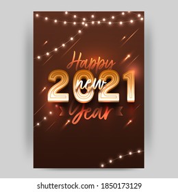 2021 Happy New Year Text On Brown Background Decorated With Illuminated Lighting Garland.