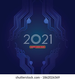 2021. Happy new year 2021 text design with circuit board technology background. Vector illustration	
