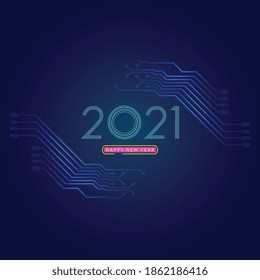 2021. Happy new year 2021 text design with circuit board technology background. Vector illustration	

