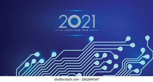 2021. Happy new year 2021 text design with circuit board technology background. Vector illustration	