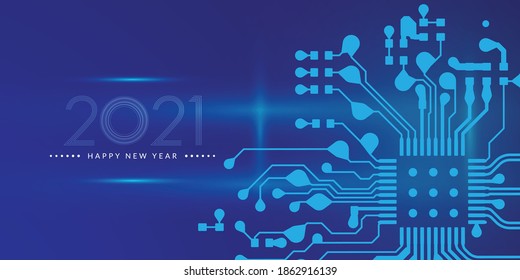 2021. Happy new year 2021 text design with circuit board technology background. Vector illustration	