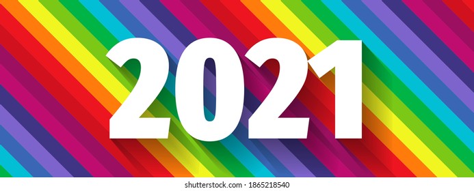 2021 Happy New Year Text Design. Vector illustration of white 2021 numbers on rainbow background - perfect typography for 2021 save the date luxury designs and new year celebration invitations