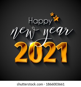 2021 Happy New Year Text Design. Vector illustration of golden 2021 logo numbers on black background - perfect typography for 2021 save the date luxury designs and new year celebration invitations