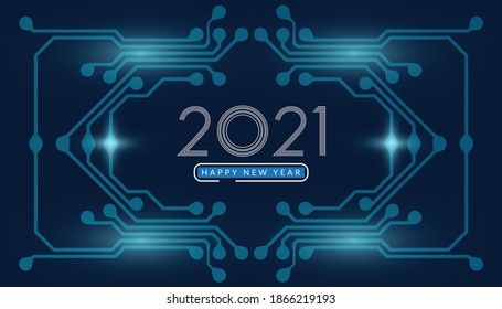 2021. Happy new year 2021 text design with circuit board technology background. Vector illustration	