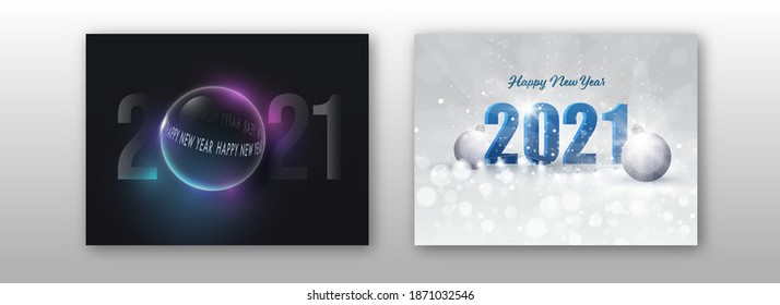 2021 Happy New Year Text With 3D Bubble, Baubles On Background In Grey And Black Color Options.