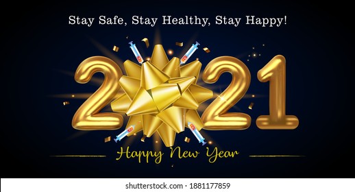 "2021" Happy New Year text lettering calligraphy with covid 19 coronavirus vaccine injection, golden colorful modern, abstract Design, fun, retro style, template, poster, banner or greeting card