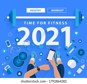 2021 happy new year time for fitness in gym healthy lifestyle ideas concept design, Vector illustration modern layout template