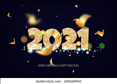 2021 Happy New Year. Tradicional lettering text for Happy New Year or Merry Christmas. Holiday background with golden bokeh number 2021. Dark vector Illustration