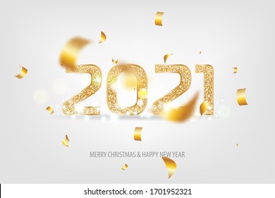2021 Happy New Year. Tradicional lettering text for Happy New Year or Merry Christmas. Holiday background with golden bokeh number 2021. Light vector Illustration