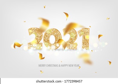 2021 Happy New Year. Tradicional lettering text for Happy New Year or Merry Christmas. Holiday background with golden bokeh number 2021. Light vector Illustration