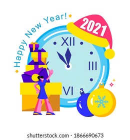 2021 Happy New Year trendy and minimalistic card or background.
Small people are preparing for holiday.
Modern Cartoon Flat Design Concept 
for website, Mobile app page, Landing Page.
Vector 