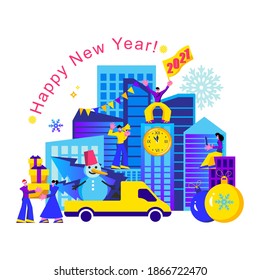 2021 Happy New Year trendy and minimalistic card or background.
Small people are preparing for holiday.
Modern Cartoon Flat Design Concept for website, Mobile app page, Landing Page. Vector
