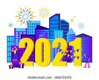 2021 Happy New Year trendy and minimalistic card or background.
Small people are preparing for holiday.
Modern Cartoon Flat Design Concept for website, Mobile app page, Landing Page. Vector
