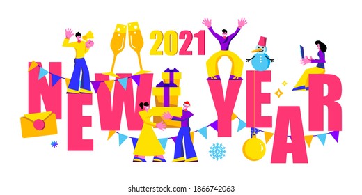 2021 Happy New Year trendy and minimalistic card or background.
Small people are preparing for holiday.
Modern Cartoon Flat Design Concept for website, Mobile app page, Landing Page. Vector