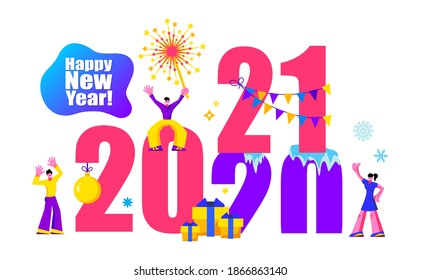 2021 Happy New Year trendy and minimalistic card or background. Small people are preparing for holiday, are engaged in decoration. Vector illustration