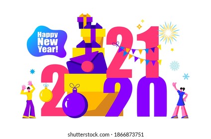 2021 Happy New Year trendy and minimalistic card or background.
Small people are preparing for holiday, are engaged in decoration. Vector illustration