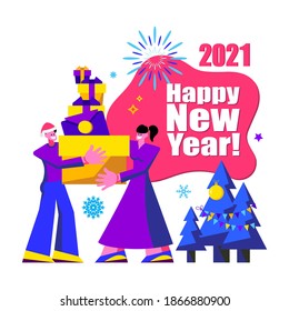 2021 Happy New Year trendy and minimalistic card or background.
Small people are preparing for holiday.
Modern Cartoon Flat Design Concept for website, Mobile app page, Landing Page. Vector