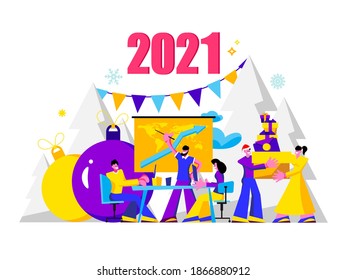 2021 Happy New Year trendy and minimalistic card or background.
Small people are preparing for holiday.
Modern Cartoon Flat Design Concept for website, Mobile app page, Landing Page. Vector
