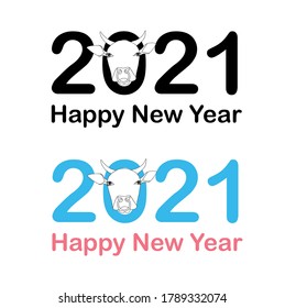2021 Happy New Year typography banner. Head of the bull for web, for print, for congratulation card